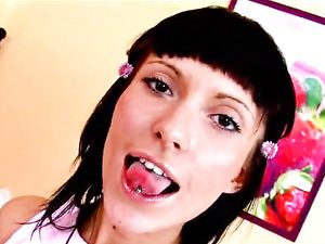 Pierced Tongue Hottie Masturbating While Undressing